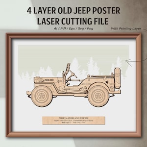 Op de afbeelding: Een vierlaags lasergesneden poster van een vintage Willys-Overland Jeep. De poster is in een bruin frame en bevat de tekst "20364851" en "Willys-Overland Jeep MB".
