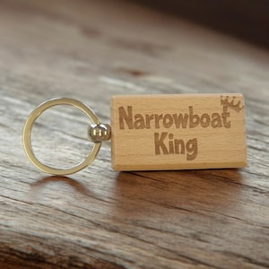 Boating Keyring Gift Narrowboat King Cute Engraved Wooden Key Fob Fun Novelty Nice Custom Present