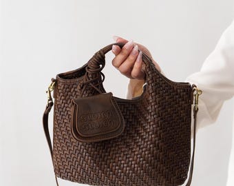 Woven Vegan Leather Crossbody Bag, Braided Top Handle Purse with Inner Pouch