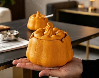 Ceramic Pumpkin Ashtray with Lid, Windproof Fall Decor, Trinket Box Accessory
