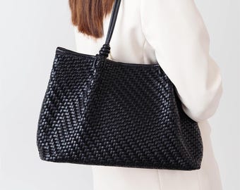 Woven Vegan Leather Tote Bag, East-West Minimalist Handbag with Zipper Pouch