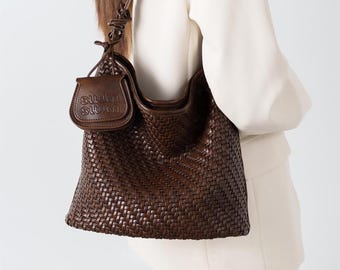Woven Vegan Leather Hobo Bag, Braided Shoulder Bag with Detachable Pouch, Slouchy Tote Purse