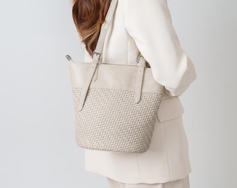 Woven Vegan Leather Tote Bag, Minimalist Work Bag, Chic Designer Style, Detachable Pouch