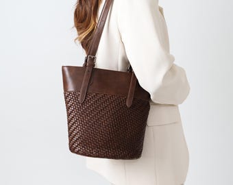 Woven Vegan Leather Tote Bag, Braided Minimalist Work Purse, Adjustable Strap, Detachable Pouch