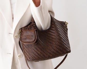 Intrecciato Woven Vegan Leather Handbag, Boho Chic Crossbody Purse, Braided Tote Bag