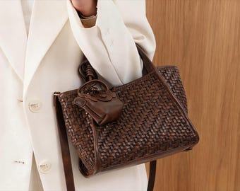 Woven Vegan Leather Handbag, Structured Braided Top Handle Crossbody, Mini Pouch Charm, Brown Purse