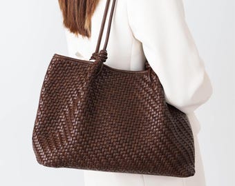Woven Vegan Leather Shoulder Bag, East-West Minimalist Handbag, Zipper Pouch Insert