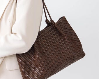 Woven Vegan Leather Tote Bag, East-West Minimalist Handbag with Zipper Pouch