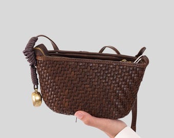 Woven Vegan Leather Crossbody Bag, Small Braided Zipper Shoulder Purse, Brown Boho Everyday Bag
