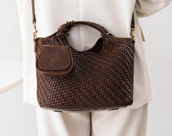 Woven Vegan Leather Crossbody Bag, Braided Top Handle Purse with Inner Pouch