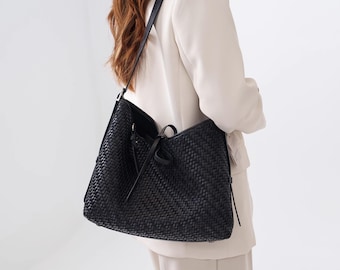 Woven Vegan Leather Hobo Bag, Chic Tie Closure Shoulder Purse, Minimalist Work Tote
