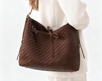 Woven Vegan Leather Hobo Bag, Slouchy Tote, Tie Closure, Minimalist Work Handbag