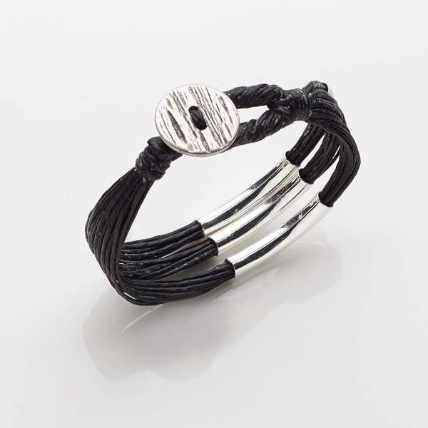 NAGAYA- Waxed Linen bracelet in Black, silver and bark textured button