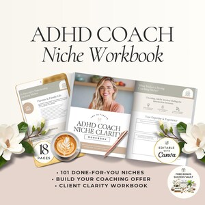 Puede incluir: Imagen que promociona un cuaderno de trabajo de nicho de entrenador de TDAH. La imagen presenta un cuaderno de trabajo, una tableta, una taza de café y un bolígrafo. La portada del cuaderno de trabajo dice "ADHD Coach Niche Clarity Workbook". El texto incluye "101 nichos listos para usar".