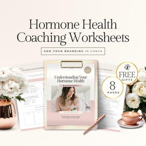 Può includere: Immagine promozionale per i fogli di lavoro di coaching sulla salute ormonale. L'immagine presenta un appunti con un foglio di lavoro intitolato "Comprendere la tua salute ormonale" e una foto di una donna. Sono visibili anche altri fogli di lavoro, fiori e una tazza di caffè.