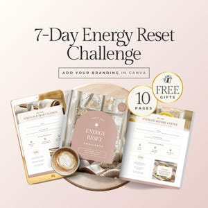 Könnte beinhalten: Ein Bild, das eine 7-Tage-Energy-Reset-Challenge bewirbt. Das Bild enthält ein Tablet, ein Booklet und eine gedruckte Seite, alle mit Text. Der Text enthält "Energy Reset Challenge", "10 Pages" und "Free Gifts". Eine Tasse Kaffee ist ebenfalls vorhanden.