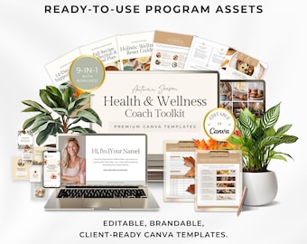 May include: A digital marketing image promoting a Health & Wellness Coach Toolkit. The image includes a laptop, smartphone, documents, and plants. Text includes "Health & Wellness Coach Toolkit" and "Editable in Canva."