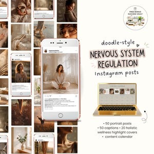 Pode incluir: Uma coleção de modelos de posts do Instagram com uma paleta de cores suave e neutra. A imagem inclui um telefone exibindo um post, um laptop e o texto "NERVOUS SYSTEM REGULATION Instagram posts". Os modelos incluem 50 posts verticais, 50 legendas e 20 capas.
