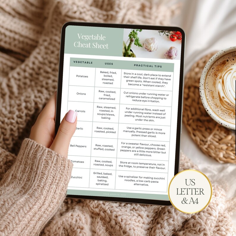 Puede incluir: Una tableta digital muestra una "Hoja de trucos de verduras" con consejos de preparaci&oacute;n. La tableta la sostiene una persona con un su&eacute;ter beige. La hoja incluye informaci&oacute;n sobre patatas, cebollas, zanahorias, ajo, pimientos, tomates y calabac&iacute;n.