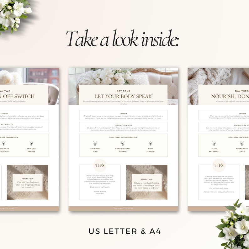 Op de afbeelding: Een set van drie beige en witte afdrukbare pagina's met tekst en illustraties. De pagina's hebben de titel "Take a look inside:" en bevatten de tekst "Day Two: Turn Off Switch", "Day Four: Let Your Body Speak" en "Day Three: Nourish, Don't Deprive".