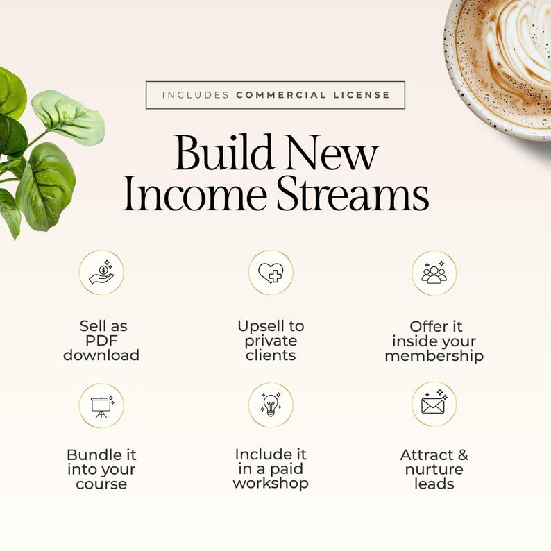 May include: A graphic with the text "Build New Income Streams" and icons suggesting business strategies. Includes the text "Includes Commercial License." A cup of coffee is in the upper right corner, and a plant is in the upper left corner.