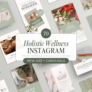 以下が含まれることがあります： ホリスティックウェルネスビジネス向けのInstagram投稿、ストーリー、ハイライトカバーテンプレート70個のセット。テンプレートは緑と白のカラーテーマで、「Holistic Wellness Instagram」と「New Size + Carousels」のテキストが書かれています。