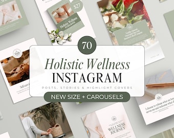 70 Holistic Wellness Instagram Templates, Self-Care Coaching Canva Social Media Posts Carousels, Fitness Yoga Stories Highlight Covers