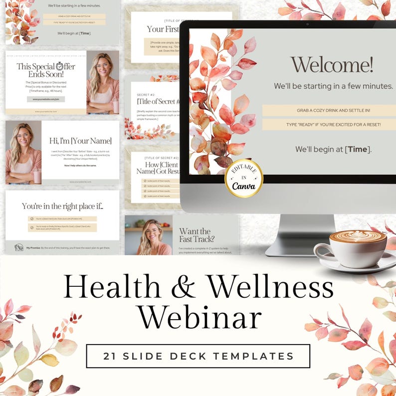 Webinar Slide Deck for Health & Wellness Coaches - Canva Masterclass Template for Online Workshops, Coaching, Courses Presentations Webinars