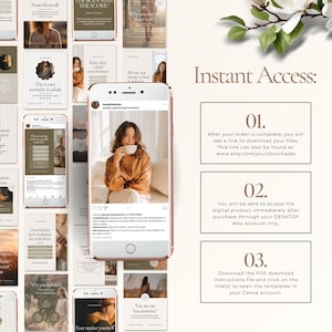 May include: A digital product listing featuring a smartphone displaying a social media post with a woman holding a cup. Surrounding the phone are various social media templates with text. The image includes instructions for instant access to the digital product.