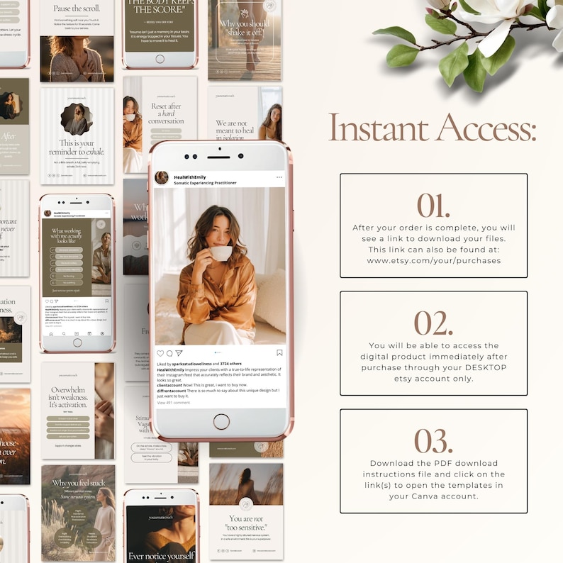 May include: A digital product listing featuring a smartphone displaying a social media post with a woman holding a cup. Surrounding the phone are various social media templates with text. The image includes instructions for instant access to the digital product.