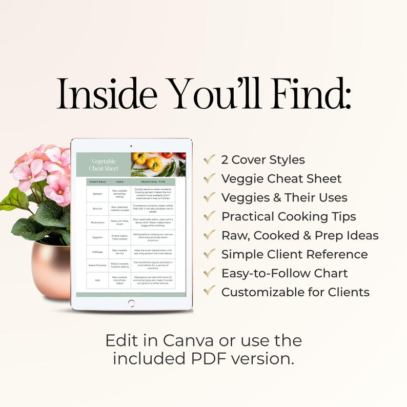 Puede incluir: Una tableta digital muestra una "Vegetable Cheat Sheet" con consejos de cocina. El texto "Inside You'll Find:" est&aacute; en la parte superior. La imagen incluye una lista de caracter&iacute;sticas, incluyendo "Veggie Cheat Sheet" y "Practical Cooking Tips."