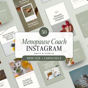 Pode incluir: Uma colagem de 50 modelos de postagens e histórias do Instagram para um treinador de menopausa. Os modelos apresentam uma variedade de tópicos relacionados à menopausa, incluindo a conexão intestino-hormônio, o apoio social, o gerenciamento dos sintomas da perimenopausa, o ritmo circadiano e as estratégias de sono, o papel da vitamina D na saúde óssea e muito mais.
