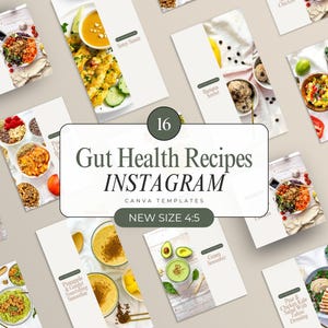 Puede incluir: 16 plantillas de Instagram para recetas de salud intestinal. Las plantillas presentan una variedad de alimentos saludables, que incluyen batidos, ensaladas y tazones. Las plantillas están diseñadas para ser utilizadas en Instagram y tienen una relación de aspecto de 4:5.