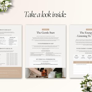 May include: A three-page spread of a self-help workbook with the text "Take a look inside." The pages are beige with black text and feature sections on burnout, permission slips, and energy. A candle and flowers are visible.