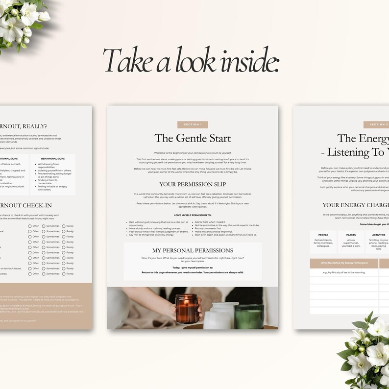 May include: A three-page spread of a self-help workbook with the text "Take a look inside." The pages are beige with black text and feature sections on burnout, permission slips, and energy. A candle and flowers are visible.