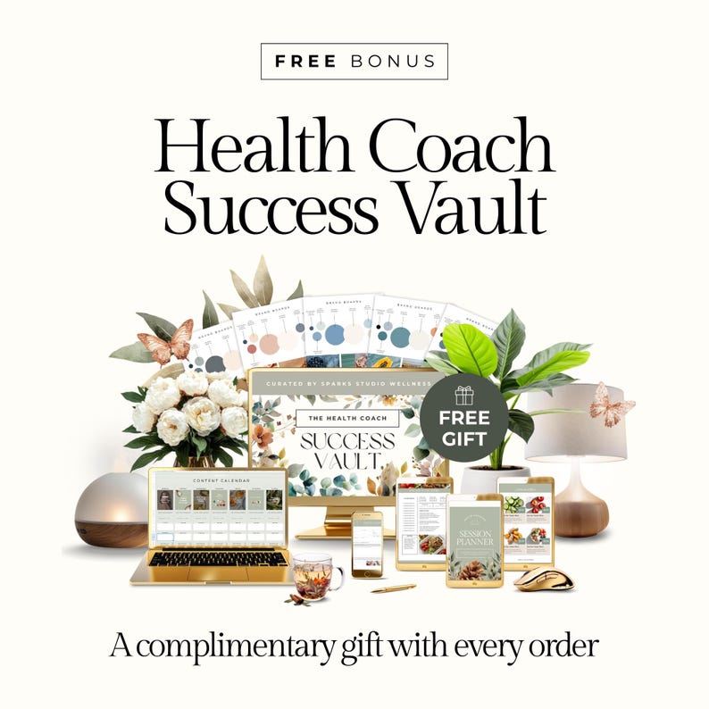 May include: An advertisement for the "Health Coach Success Vault" featuring a laptop, desktop computer, tablets, and a variety of other items. The image includes the text "FREE BONUS" and "FREE GIFT". A complimentary gift is included with every order.