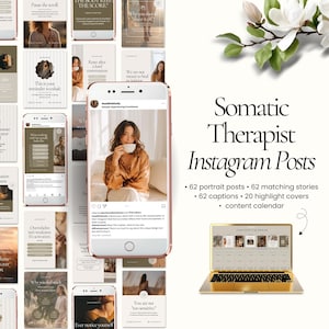 Puede incluir: Una maqueta de producto digital que presenta publicaciones de Instagram para un terapeuta somático. El diseño incluye un teléfono que muestra una publicación, una computadora portátil y varias publicaciones de ejemplo con texto e imágenes. La paleta de colores es neutra con un toque de oro.