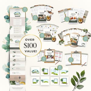 May include: A collection of digital guides and mockups, including a 15-page guide, a 21-page guide, and a 24-page guide. The guides cover topics related to gut health and digestion. The image also includes a gold-framed circle with the text "OVER $100 VALUE!"
