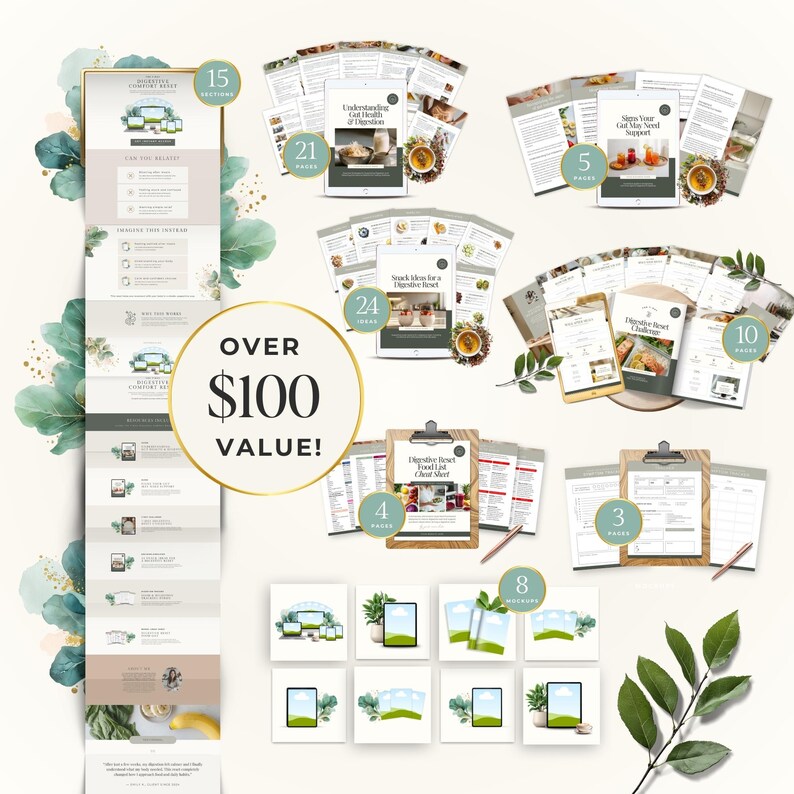 May include: A collection of digital guides and mockups, including a 15-page guide, a 21-page guide, and a 24-page guide. The guides cover topics related to gut health and digestion. The image also includes a gold-framed circle with the text "OVER $100 VALUE!"