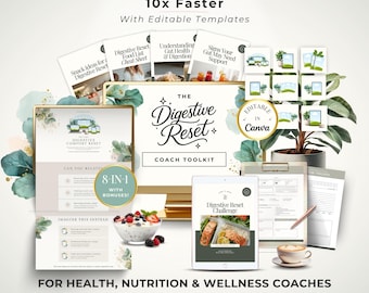 Digestive Reset Coach Toolkit Canva Templates for Wellness Coach Gut Health Programs, Client Handouts, Tracking Forms, Sales Page & Mockups