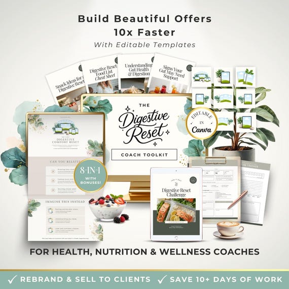 Digestive Reset Coach Toolkit Canva Templates for Wellness Coach Gut Health Programs, Client Handouts, Tracking Forms, Sales Page & Mockups