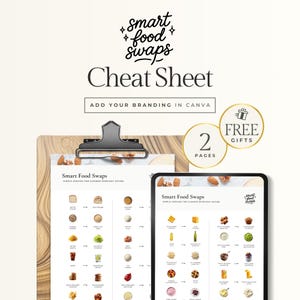 May include: A clipboard with a "Cheat Sheet" and a tablet displaying a "Smart Food Swaps" guide. The guide features food swaps for cleaner eating. The image includes text that says "Add Your Branding in Canva" and "Free Gifts".
