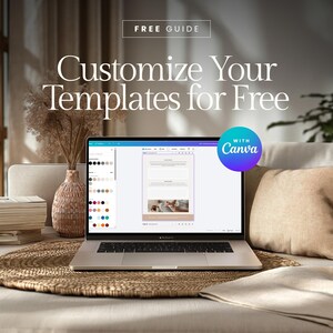 May include: A laptop displaying a document template, with the text "Customize Your Templates for Free" and "Free Guide." A Canva logo is visible. The laptop sits on a woven mat, with a vase of dried flowers and a stack of books nearby.