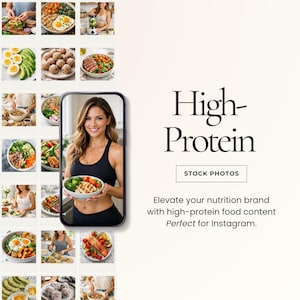 Könnte beinhalten: Eine Collage von Bildern von proteinreichen Lebensmitteln, darunter Schalen mit Eiern, Gemüse und Fleisch. Eine Frau hält eine Schüssel mit Essen auf einem Smartphone-Bildschirm. Text lautet "High-Protein" und "Stock Photos."
