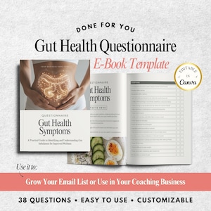 May include: A digital e-book template for a gut health questionnaire. The cover features a woman's abdomen with a glowing illustration of the digestive system. The title is "Gut Health Questionnaire" and the subtitle is "E-Book Template". The text "Editable in Canva" is in a pink circle.