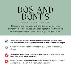 May include: A green and white graphic with the text "DOS AND DONT'S WITH THIS PURCHASE" and a list of dos and don'ts for using a template. The dos are marked with green checkmarks and the don'ts are marked with red X's.