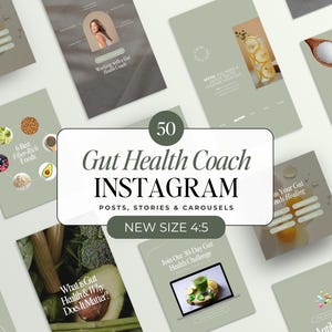 May include: A collection of 50 Instagram post, story, and carousel templates for gut health coaches. The templates feature a green and white color scheme with images of food, text, and graphics. The text on the templates includes phrases like "Gut Health Coach", "What is Gut Health & Why Does It Matter?", and "Join Our 30-Day Gut Health Challenge".