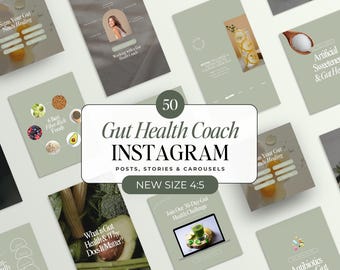50 Gut Health Instagram Posts, Nutrition Coach Social Media Templates, Gut Health Carousels, Content for Holistic Health & Fitness Coaches