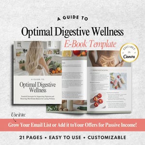 Puede incluir: Una plantilla de libro electrónico abierta titulada "A Guide to Optimal Digestive Wellness". La portada presenta a una mujer con productos. El texto incluye "E-Book Template", "Editable in Canva" y "Grow Your Email List or Add it to Your Offers for Passive Income!"