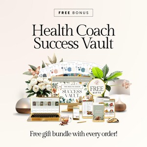 May include: An advertisement for the Health Coach Success Vault, featuring a laptop, tablets, and printed materials. The image includes a bouquet of flowers, a lamp, and the text "Free Bonus" and "Free gift bundle with every order!"